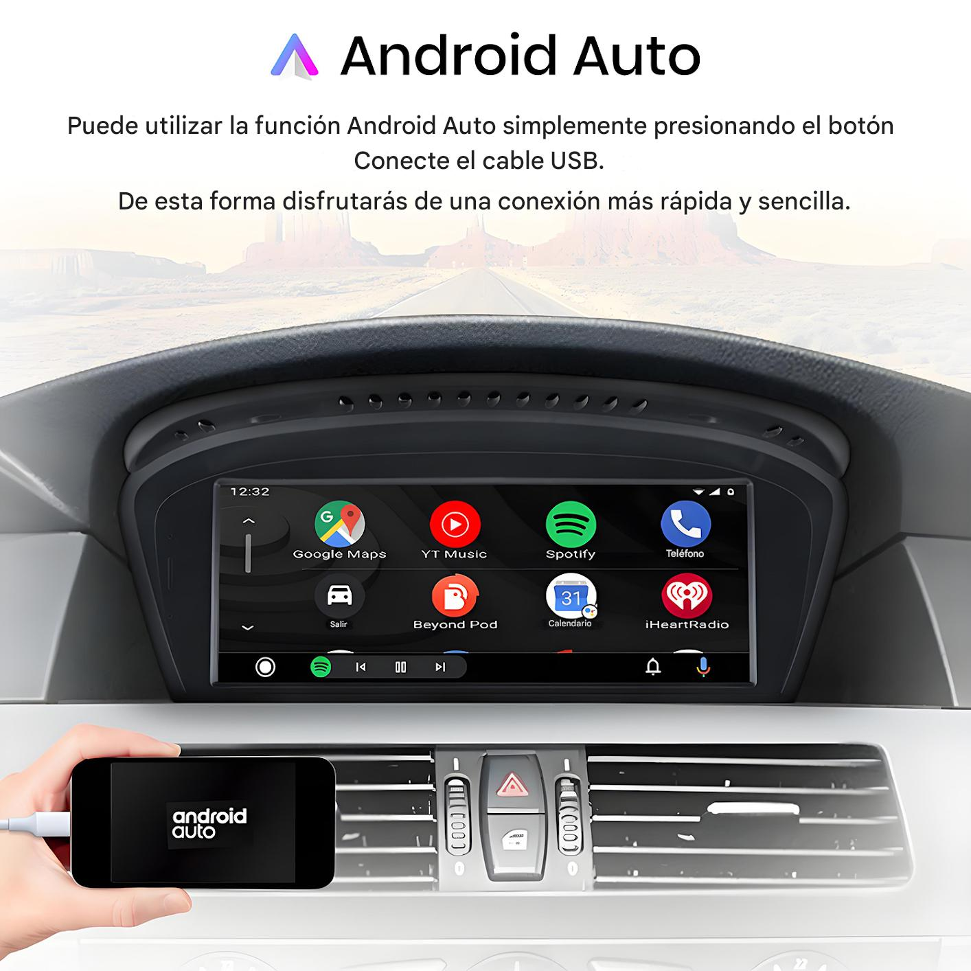 Un salpicadero de coche muestra Android Auto. Un teléfono con Android Auto está conectado por USB. Aplicaciones como Google Maps y Spotify son visibles.