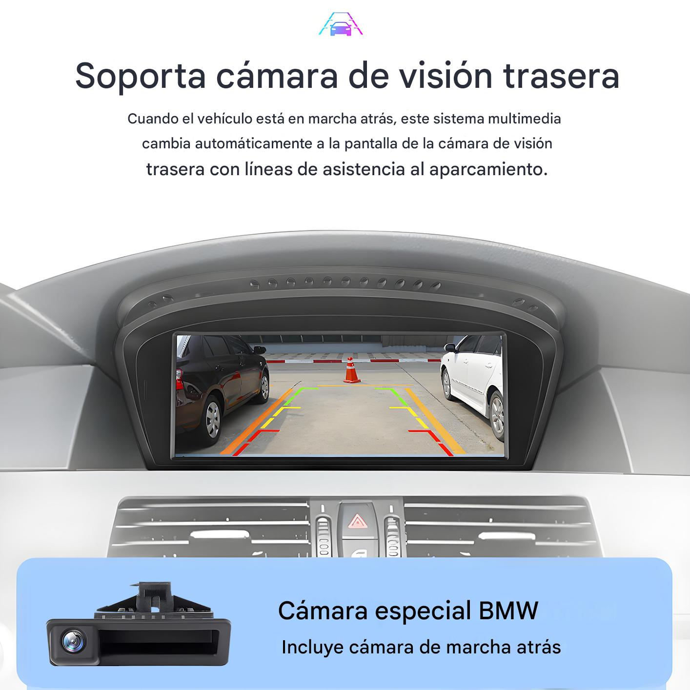 Vista trasera del coche en pantalla, mostrando líneas de aparcamiento. El texto dice 'Soporta cámara de visión trasera'. También se muestra una cámara abajo.