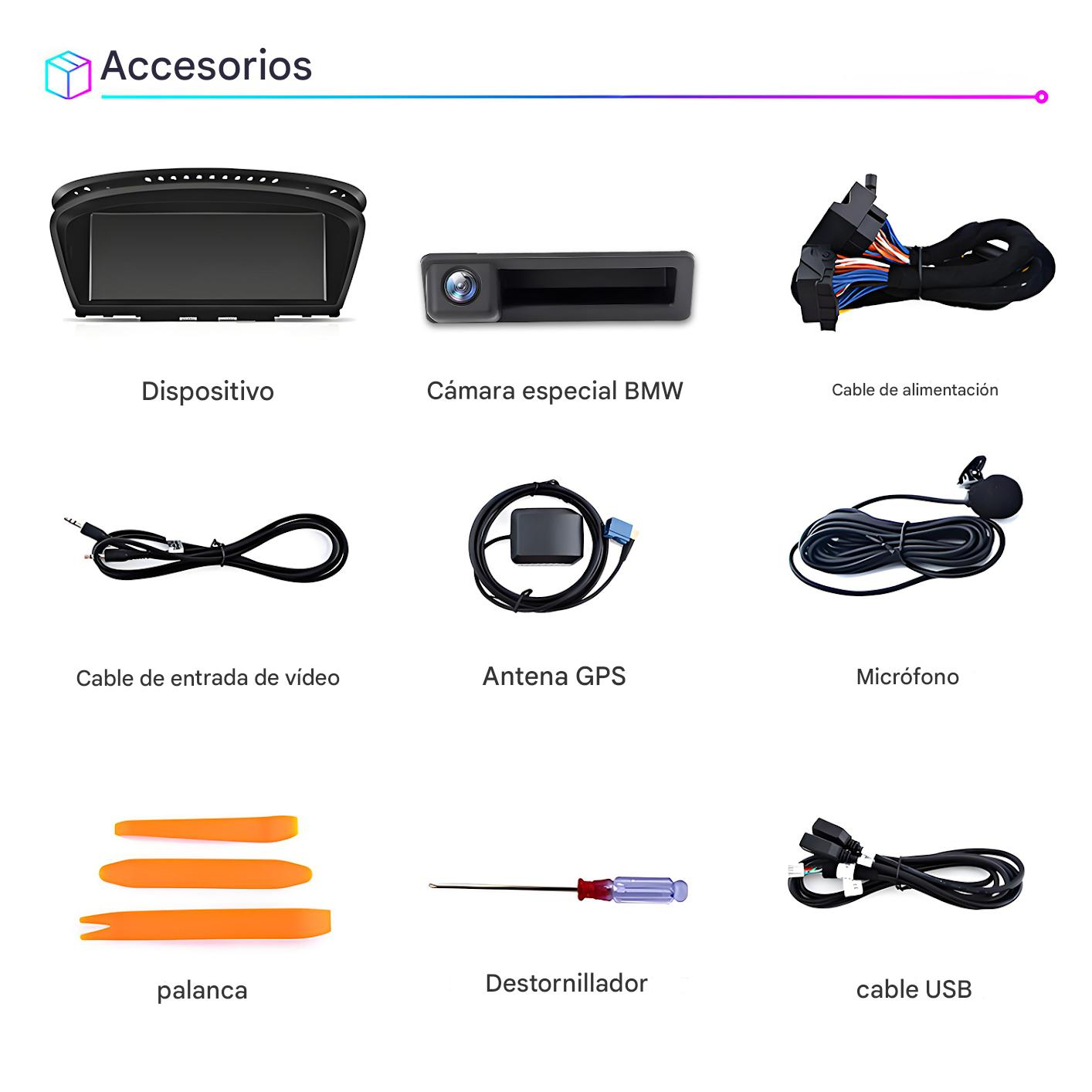 La imagen muestra accesorios para automóviles: un dispositivo, cámara BMW, cable de alimentación, cable de entrada de video, antena GPS, micrófono, palanca, destornillador y cable USB.