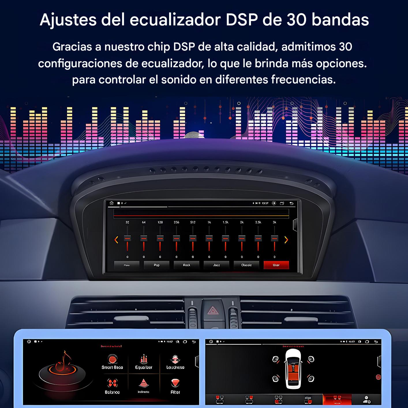 Pantalla de audio de coche con controles de ecualizador. Texto en español. Muestra bandas de ecualización, ajustes de sonido.