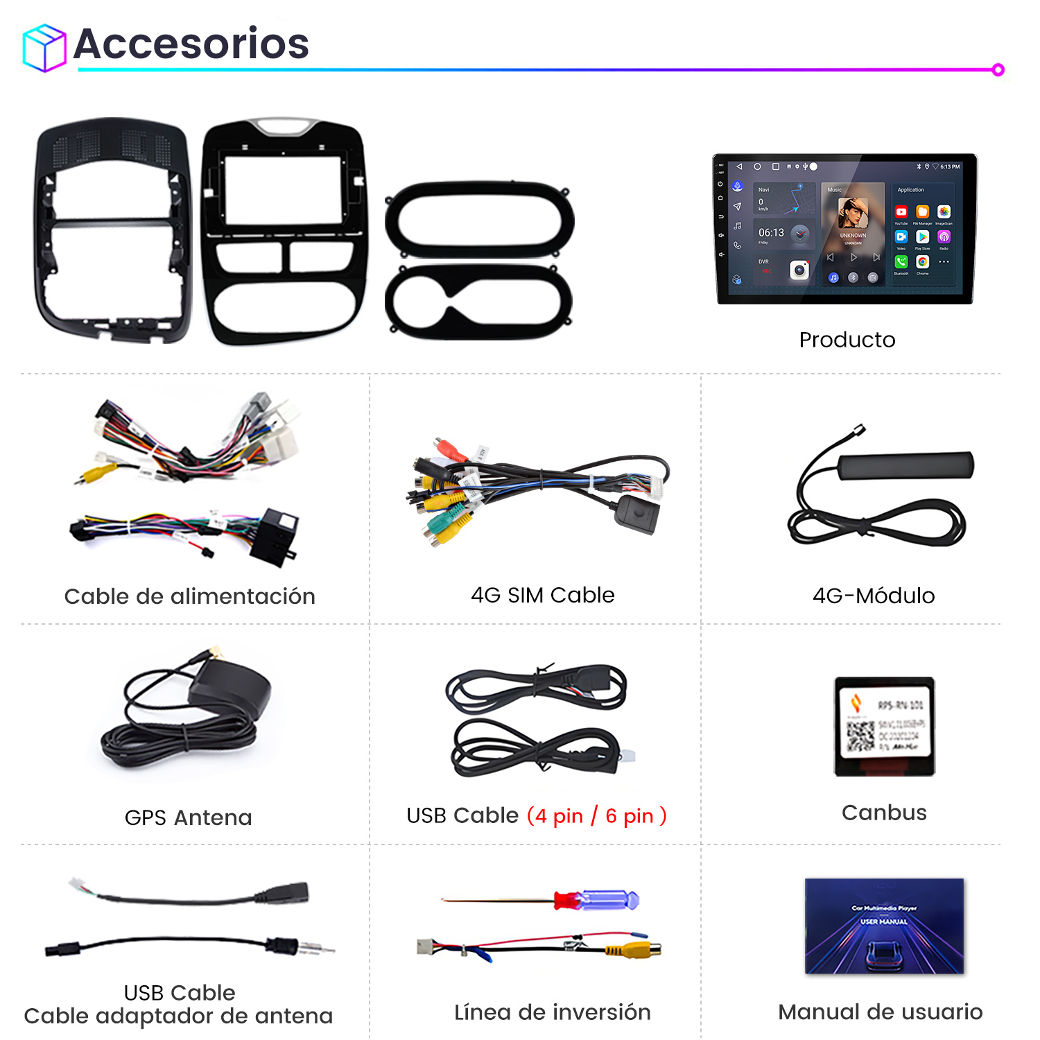 Accesorios: Se muestran reproductor multimedia para automóvil, cables, antenas y manual del usuario. También se incluyen marcos y un dispositivo CANBUS.