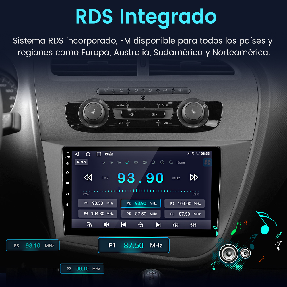 Panel de control de coche con pantalla de radio digital que muestra 93.90 MHz. Incluye botones y controles de audio y clima.