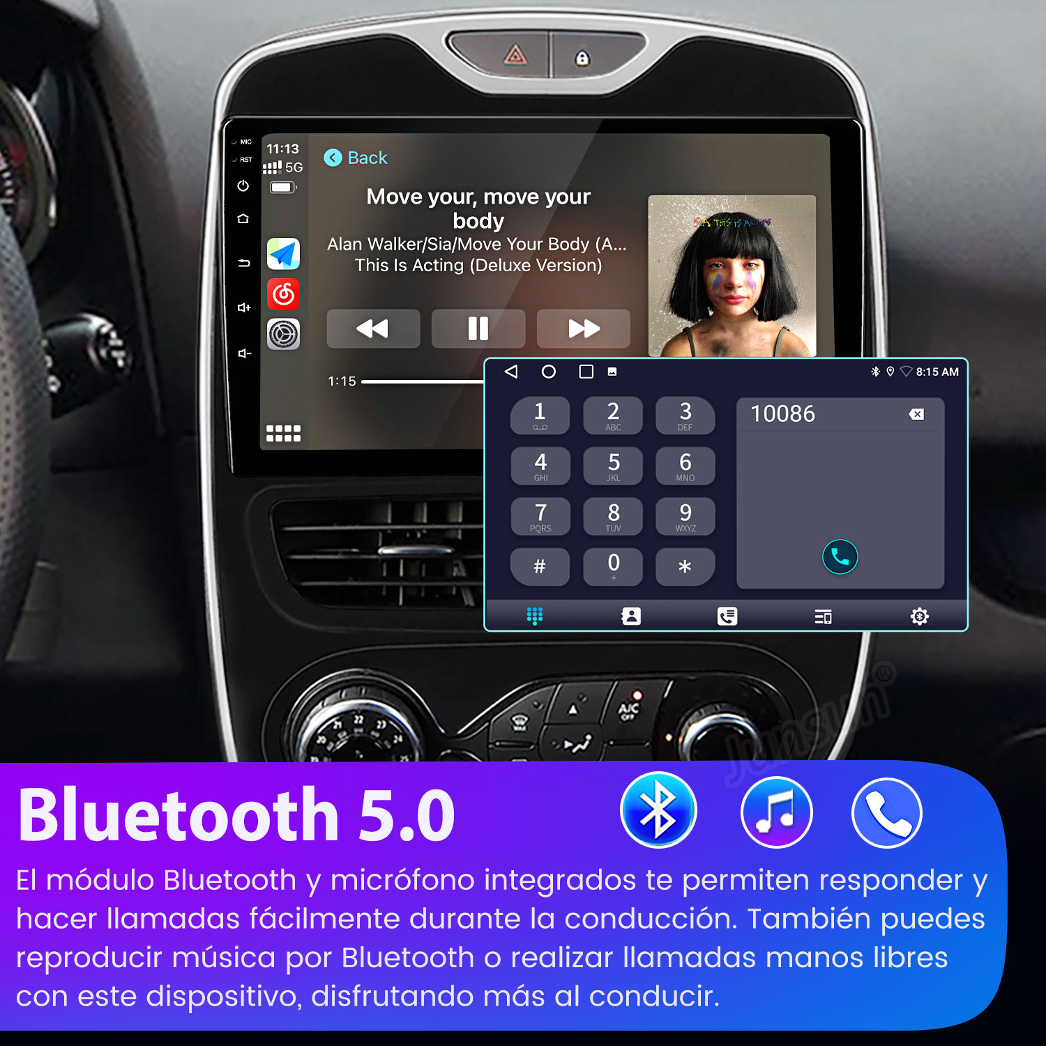 Pantalla del estéreo del coche que muestra música y un teclado telefónico. Bluetooth 5.0 del coche se menciona abajo.