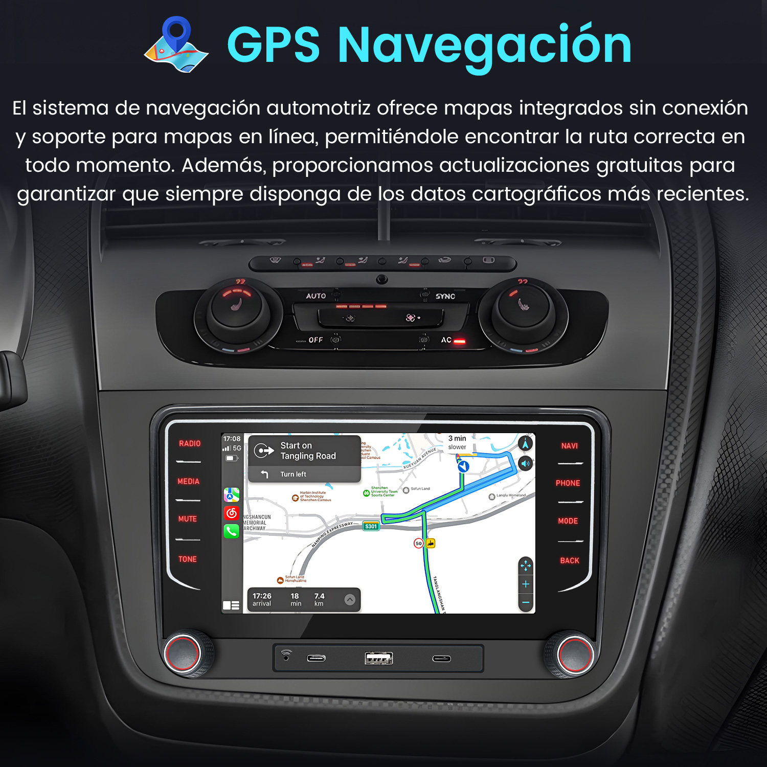 Panel del coche con sistema de navegación. Mapa en pantalla, mostrando guía de ruta.