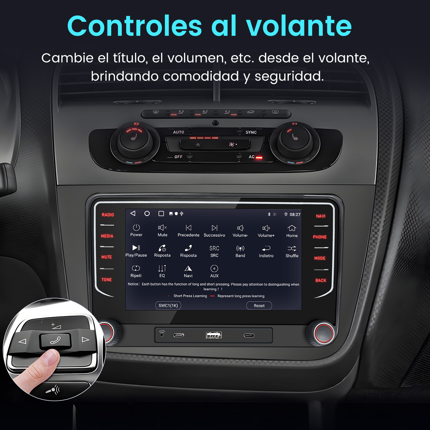 Sistema de infoentretenimiento del coche. Muestra botones para radio, medios, silencio y navegación. Una mano pulsa un botón en el volante.