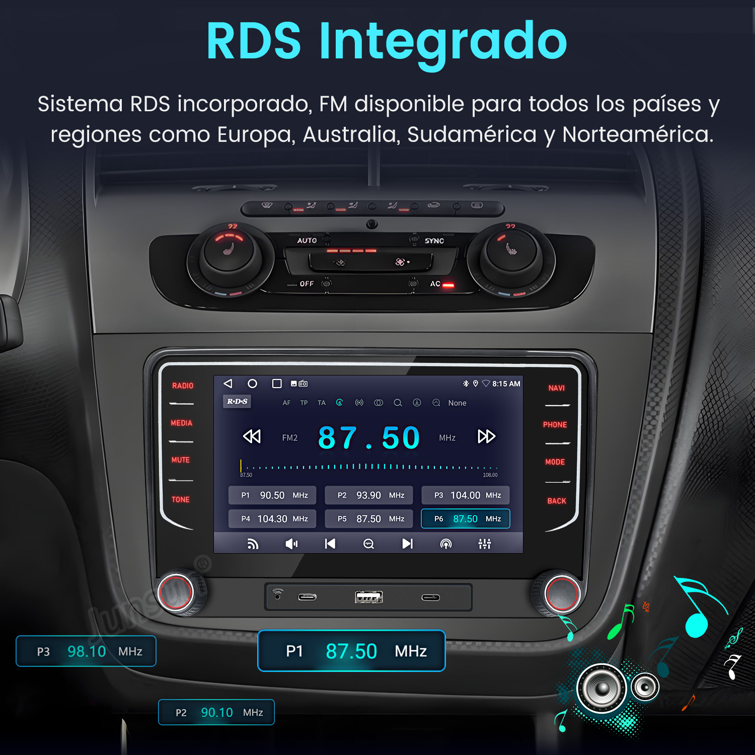 Pantalla de radio de coche que muestra FM 87.50 MHz. El texto superior dice 'RDS Integrado'.