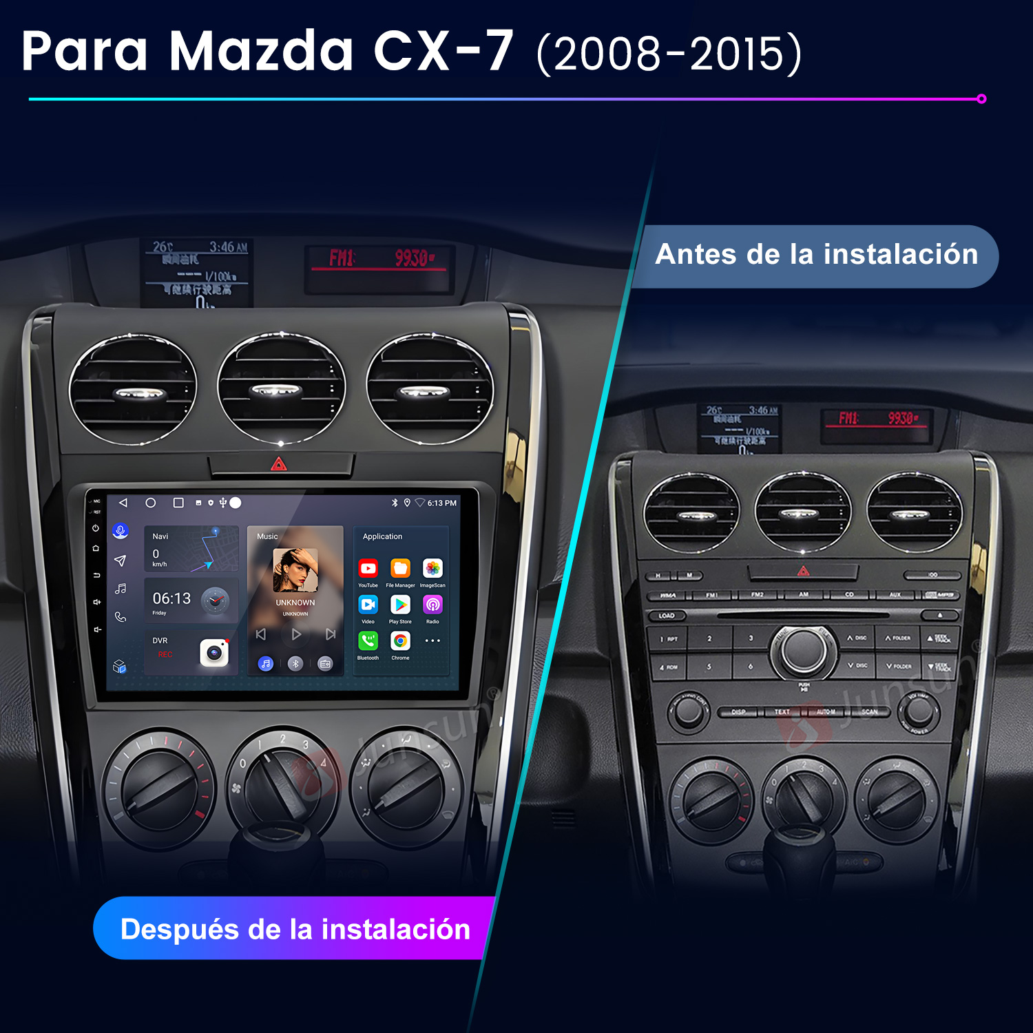 Panel de coche antes y después de la instalación. Antes: radio. Después: pantalla táctil con aplicaciones y música.