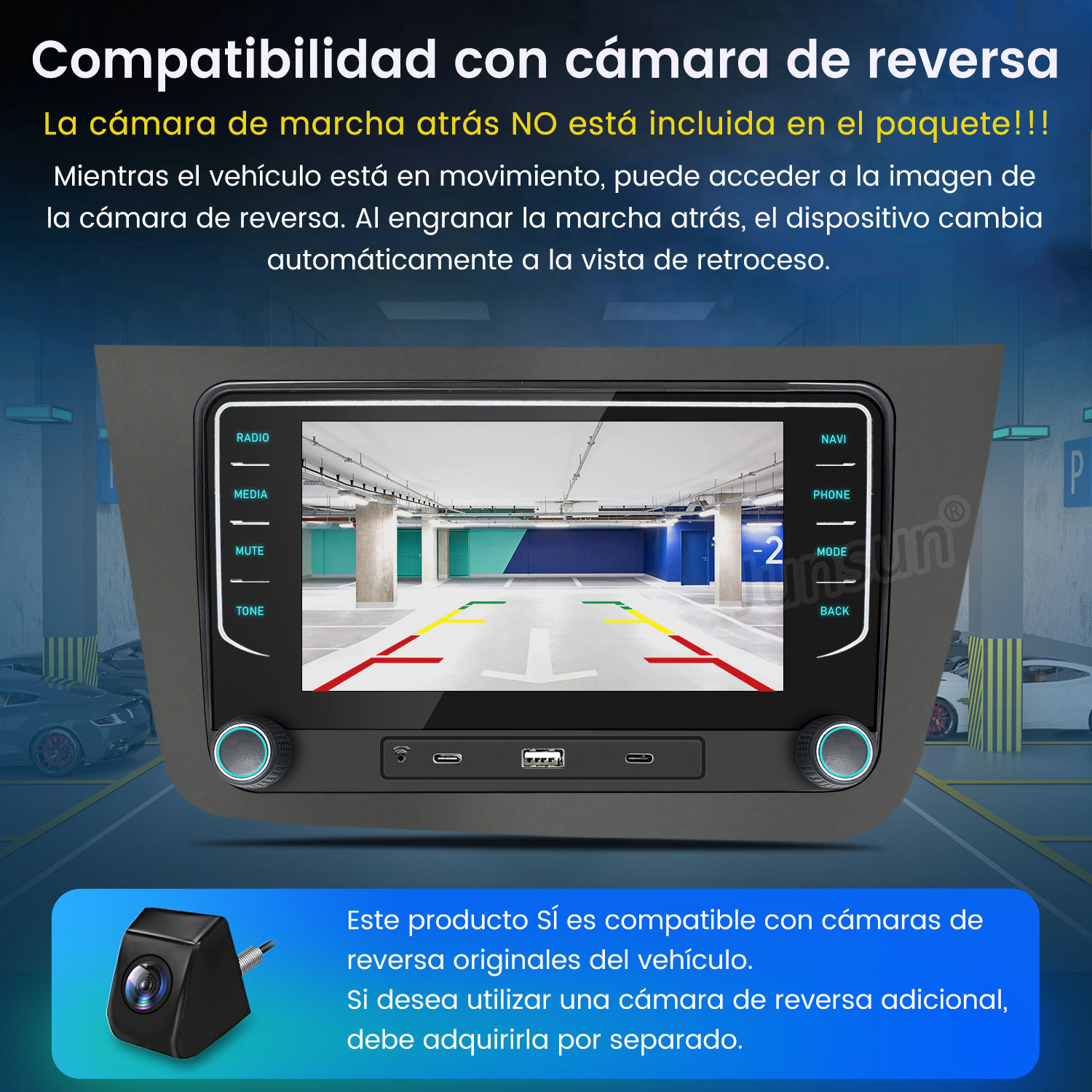 Pantalla del salpicadero del coche que muestra una vista del garaje. Una pequeña cámara está en la esquina inferior izquierda. Texto en español.