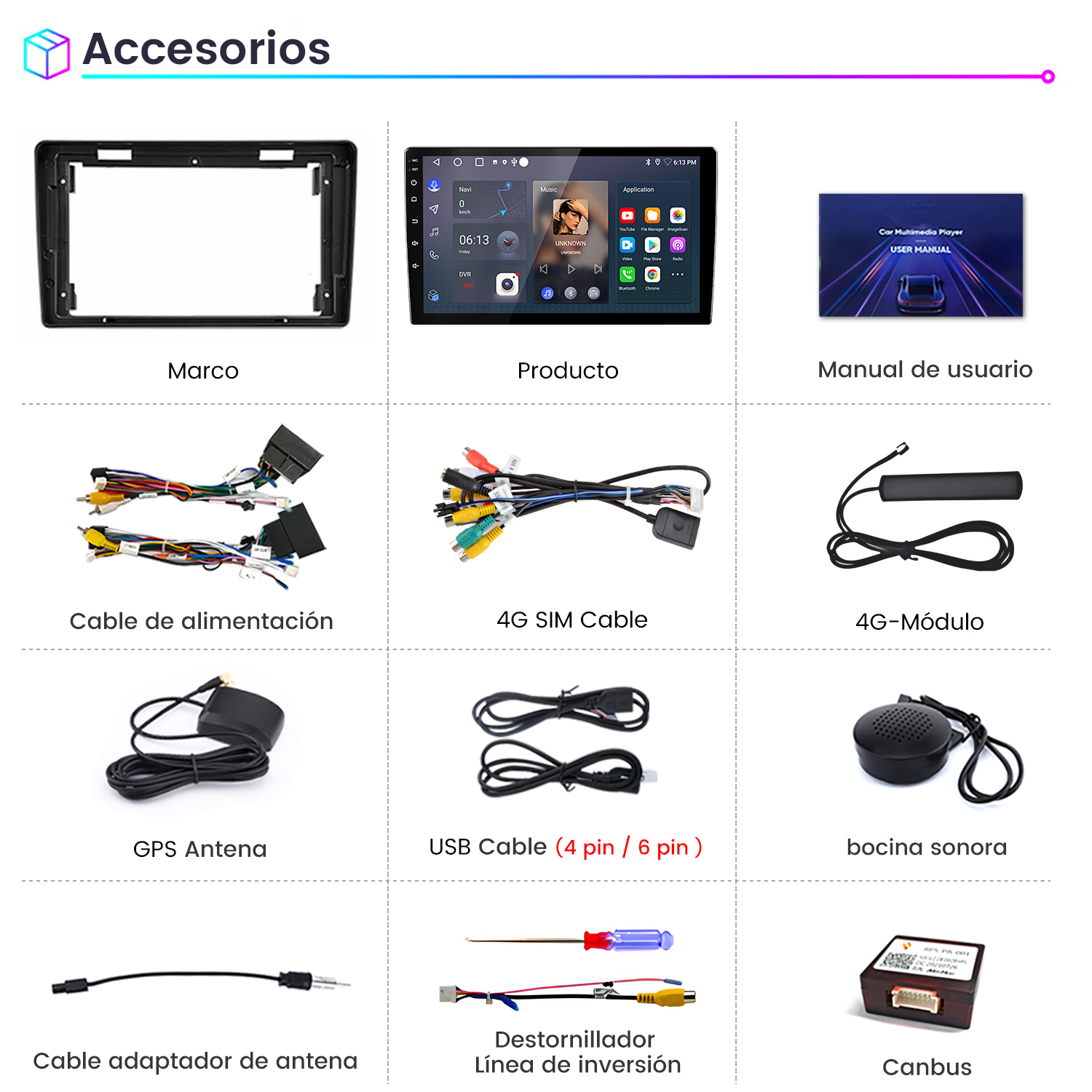 Accesorios de coche variados, que incluyen un marco de radio, un reproductor multimedia, cables, antenas y un manual de usuario.