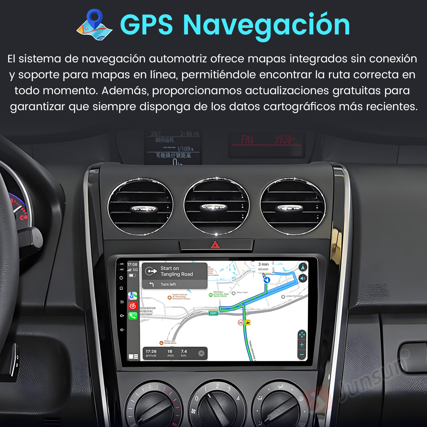 Panel de coche con pantalla de navegación GPS que muestra un mapa y direcciones. Texto en español. Son visibles los botones de control del clima.