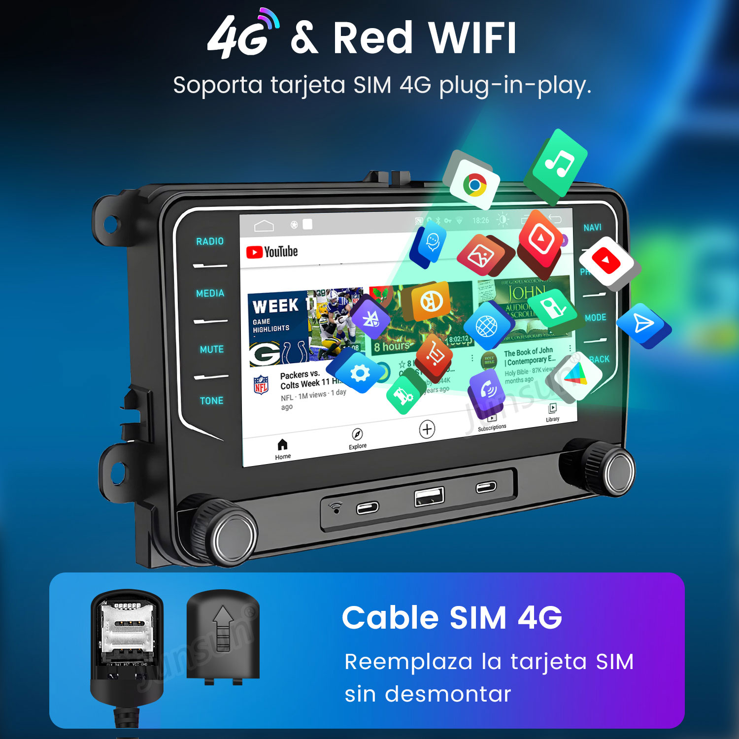 Pantalla del sistema multimedia del coche mostrando YouTube. Muestra video, iconos y botones. Debajo, ranura para tarjeta SIM y cubierta.