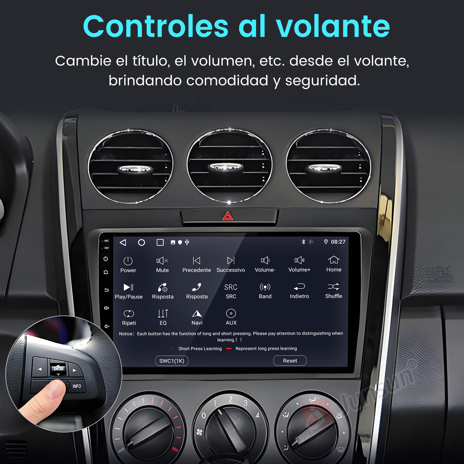 Panel de control del coche con pantalla de navegación. Salidas de aire arriba. Botones abajo. Mano presionando un botón. Texto en español.