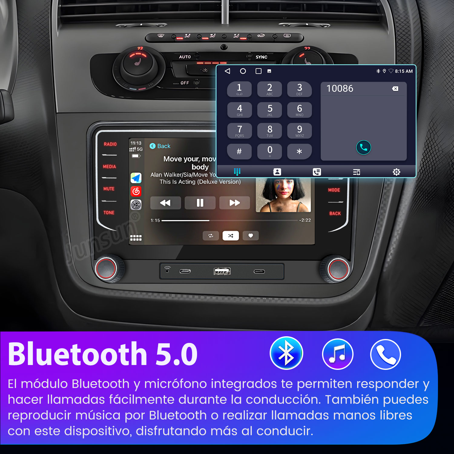 Pantalla del estéreo del coche con interfaz de llamadas, diales y controles de música. Bluetooth 5.0 se destaca en la parte inferior.