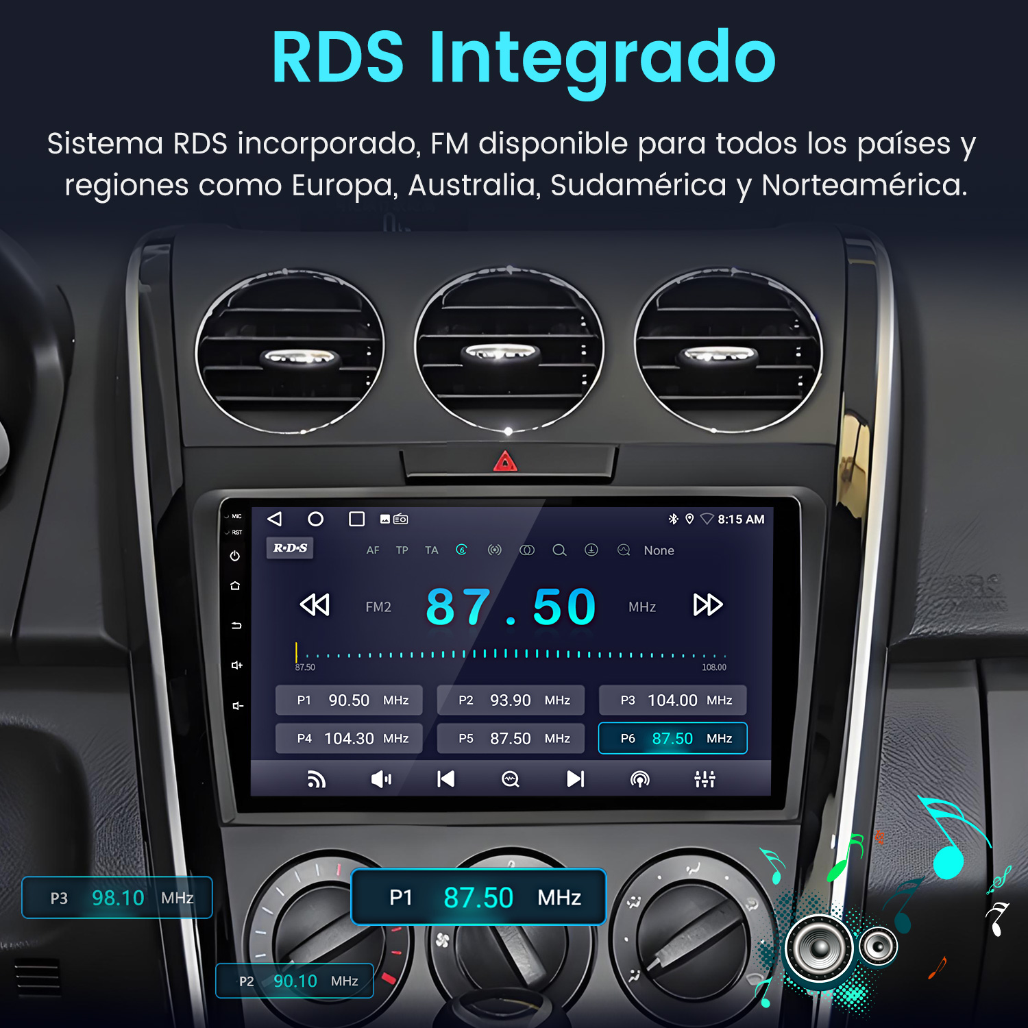 Pantalla de radio de coche que muestra la frecuencia FM 87.50 MHz. Características: sistema RDS, botones y rejillas de ventilación.