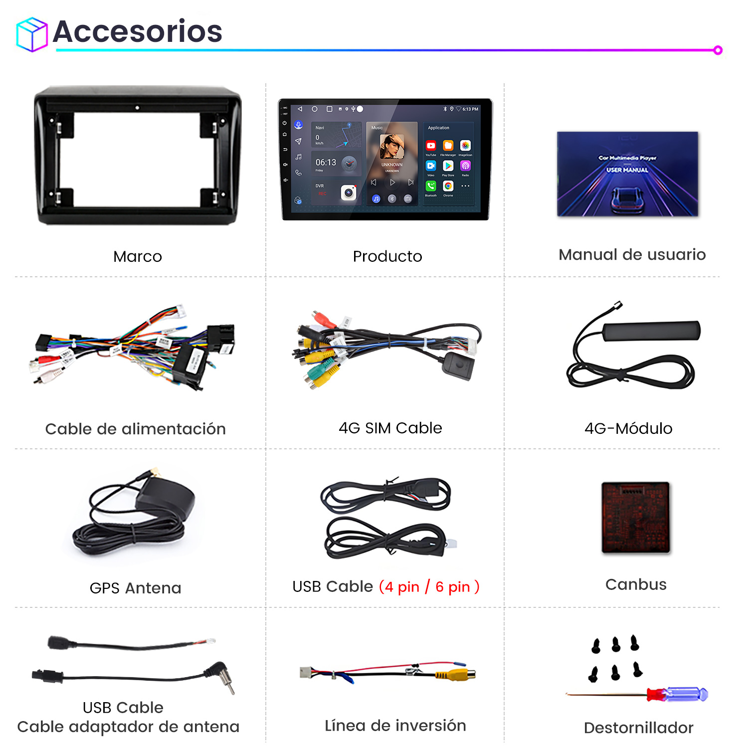 Imagen muestra accesorios para coche: un marco, una pantalla de producto, un manual de usuario, varios cables, antenas y un destornillador.