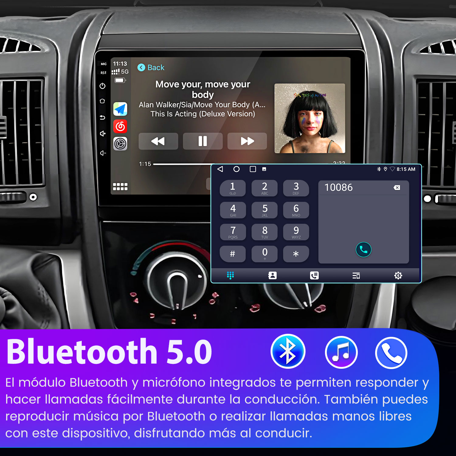 Estéreo de coche mostrando música y teclado telefónico. Texto Bluetooth 5.0 abajo. Pantalla muestra a la artista Sia.