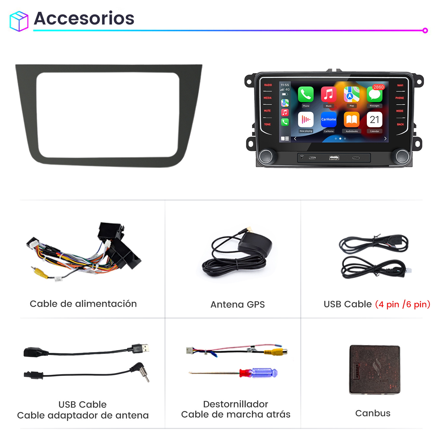 Sistema multimedia para coche con accesorios: cables, antena GPS, destornillador y módulo Canbus. También hay un marco.