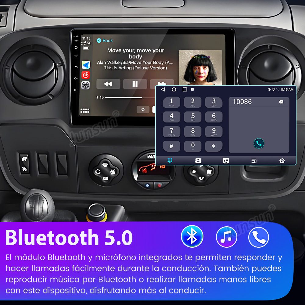 Pantalla del estéreo del coche mostrando música y teclado telefónico. Logo Bluetooth 5.0 abajo. Detalles del interior del coche.
