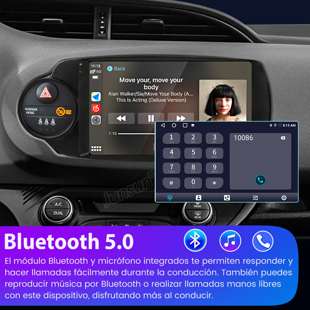 Panel del coche con pantalla mostrando música e interfaz telefónica. Bluetooth 5.0 destacado con iconos y texto.