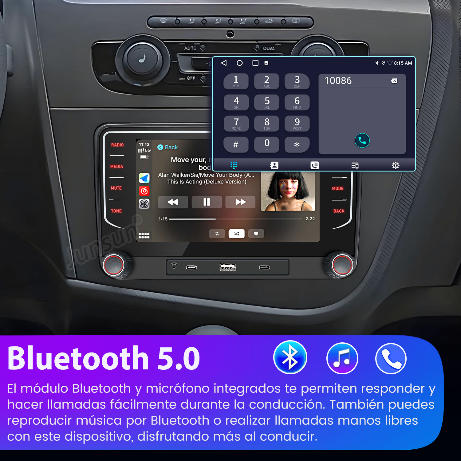 Pantalla multimedia del coche mostrando interfaz de marcador telefónico y reproductor de música.