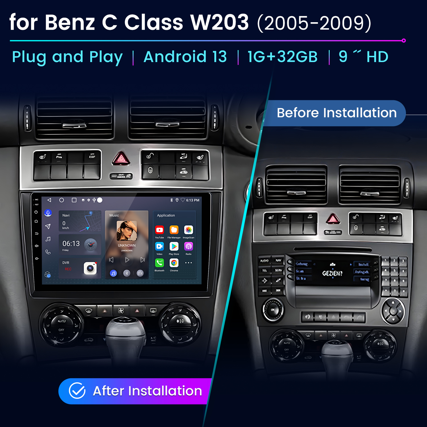 Panel del coche mostrando la instalación de la radio antes y después. La nueva radio tiene una pantalla grande con funciones Android.