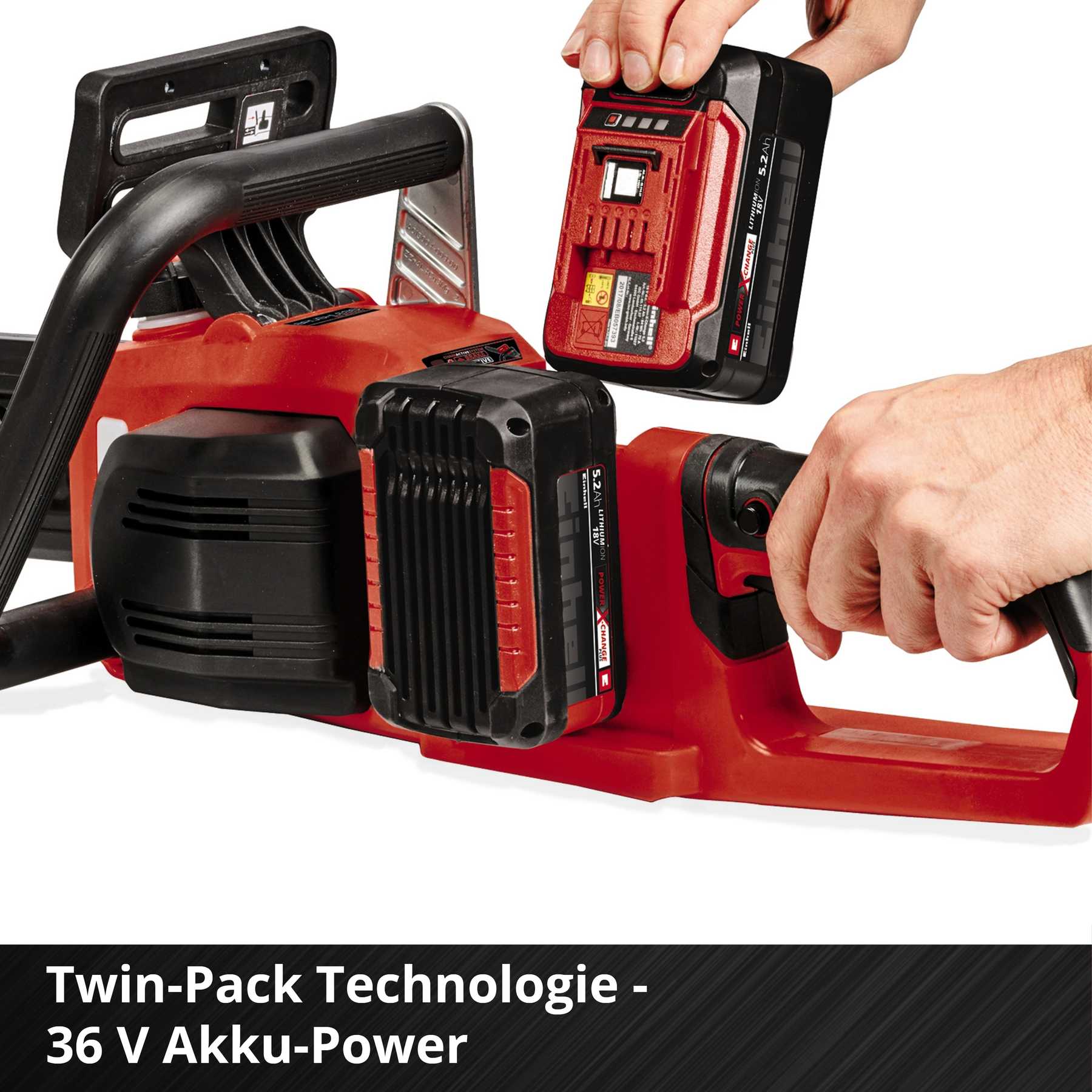 Czerwono-czarna bezprzewodowa piła łańcuchowa z wkładaną baterią. Tekst głosi 'Twin-Pack Technologie'.