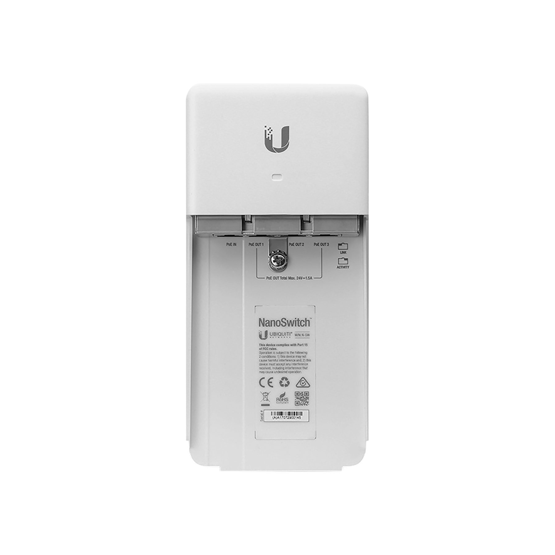 Białe urządzenie sieciowe NanoSwitch z portami i wskaźnikami, logo Ubiquiti i symbolami regulacyjnymi. Tło jest białe.