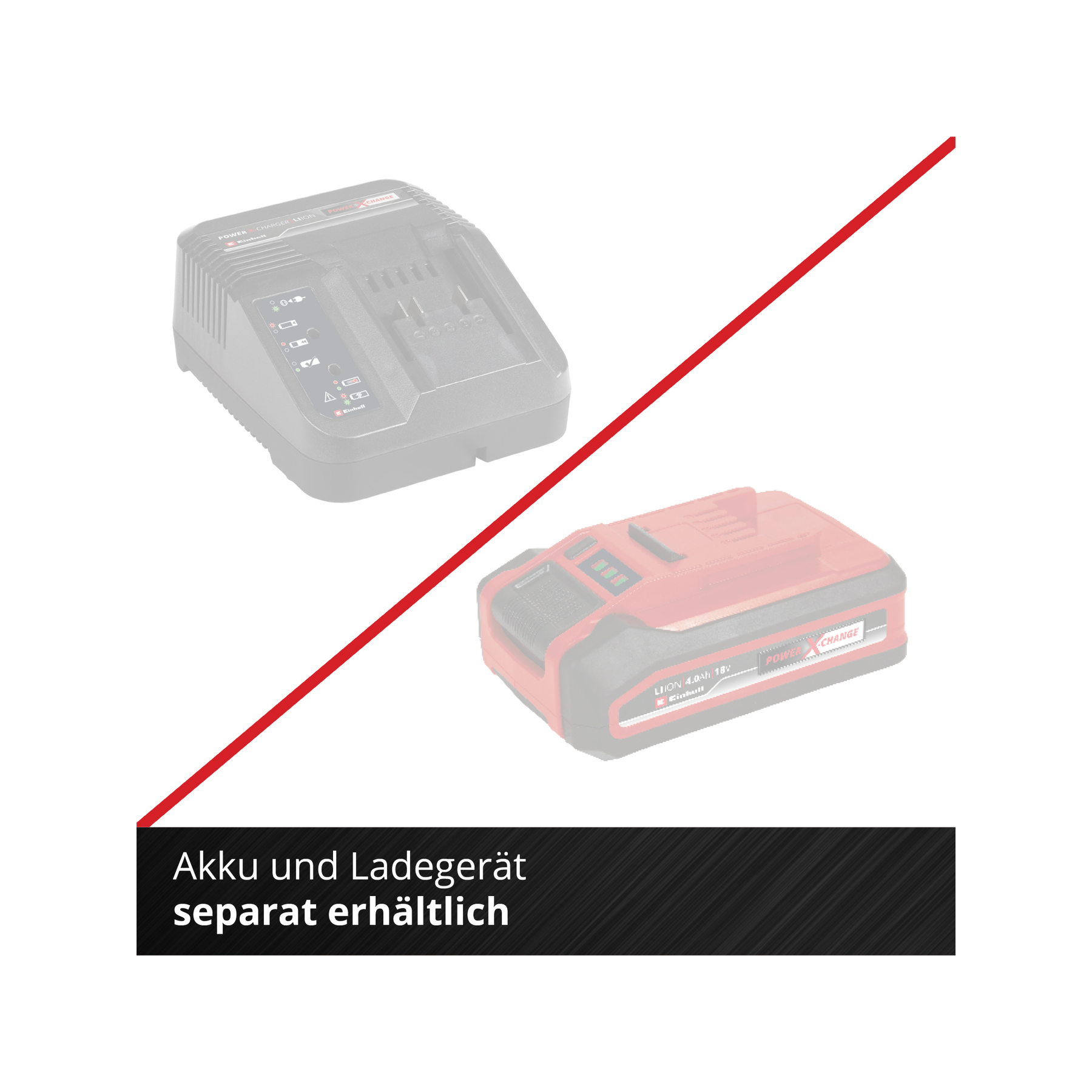 Obraz przedstawia ładowarkę i baterię. Czerwona linia przecina obraz. Tekst: Bateria i ładowarka sprzedawane oddzielnie.