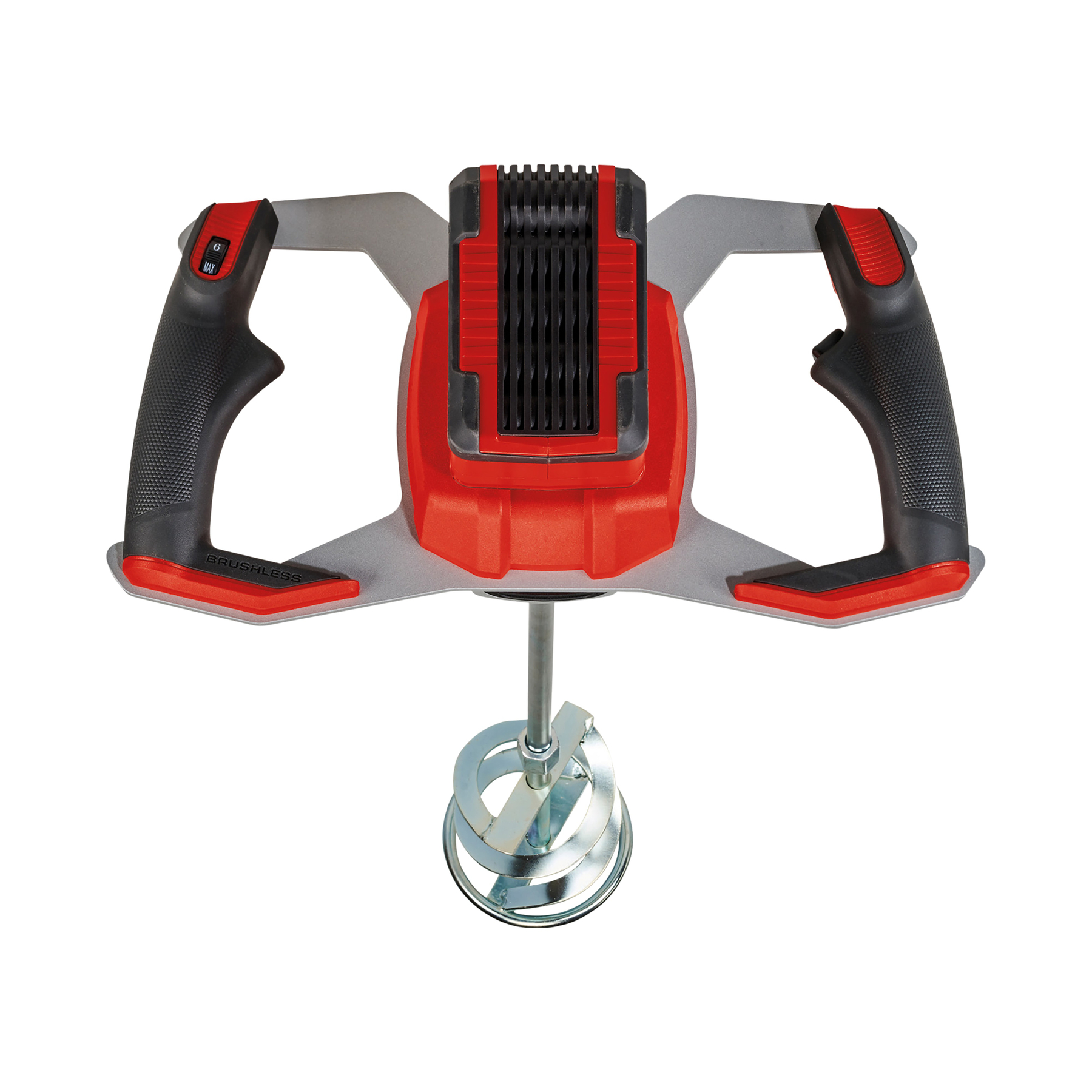 Un miscelatore manuale rosso e nero con un accessorio di miscelazione argentato, su sfondo bianco.