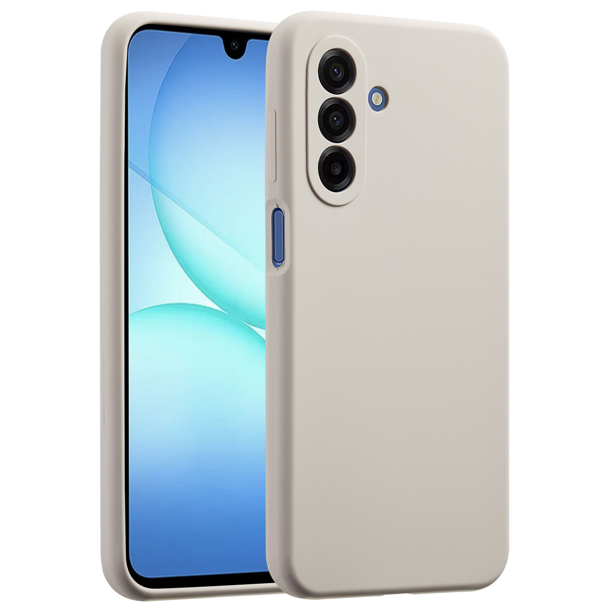 Een smartphone in een lichtbeige hoesje. De telefoon heeft een scherm met een blauw-witte achtergrond. Drie cameralenzen zijn zichtbaar.