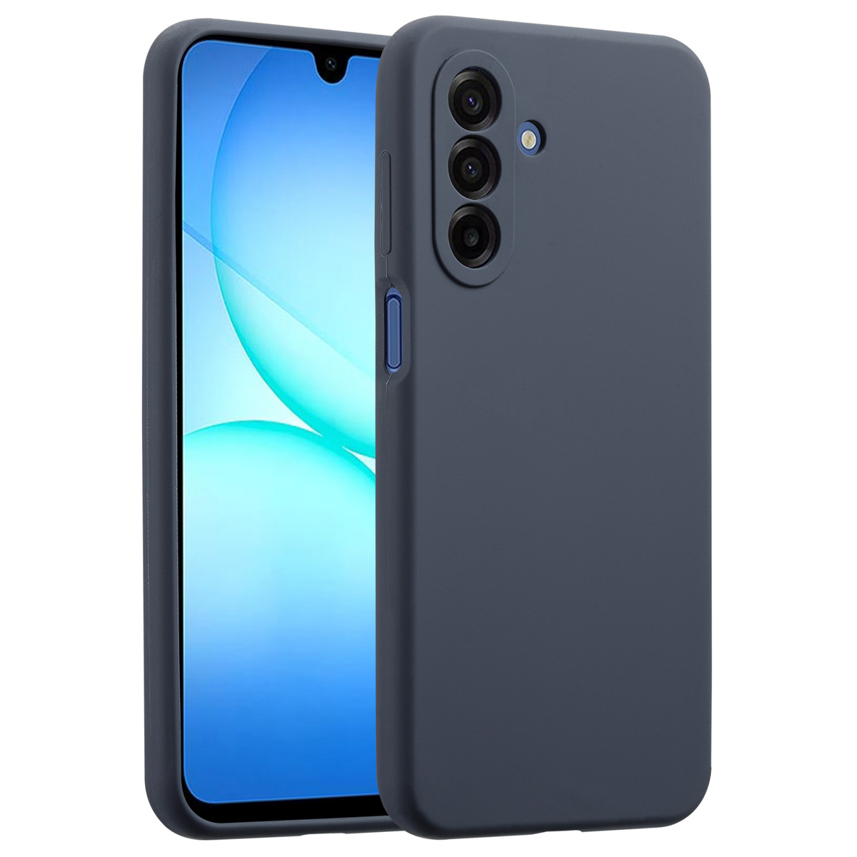 Een marineblauwe telefoon met een hoesje. Het scherm toont een blauw-witte gradiënt. De hoes heeft cameralenzen en een knop.