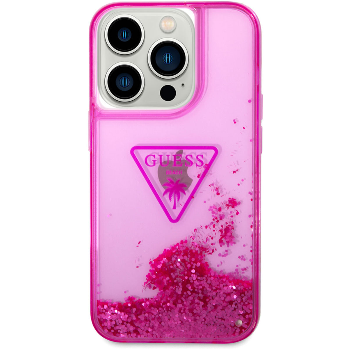 Custodia rosa per iPhone con logo Guess e glitter. Il telefono ha tre fotocamere e un flash. La custodia è piena di glitter rosa.