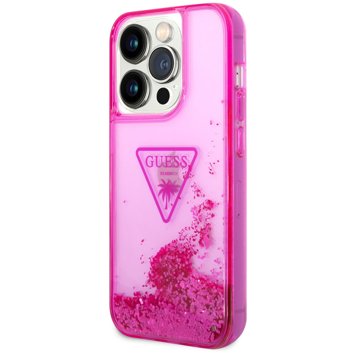 Una custodia rosa per iPhone con il logo Guess. La custodia ha liquido e glitter all'interno. Il telefono ha una fotocamera.