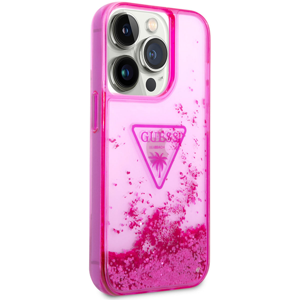 Custodia per telefono Guess rosa. Ha un retro trasparente con glitter e il logo Guess. Il bordo è rosa acceso.