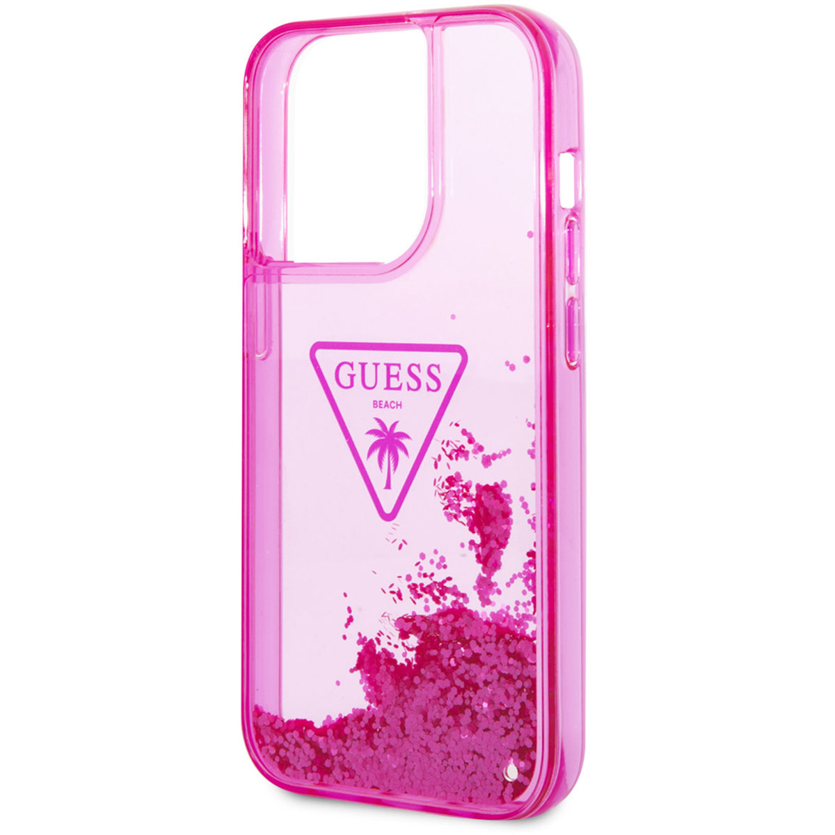 Una custodia per telefono Guess rosa. Ha un logo Guess con una palma all'interno. La custodia contiene glitter rosa. È trasparente.