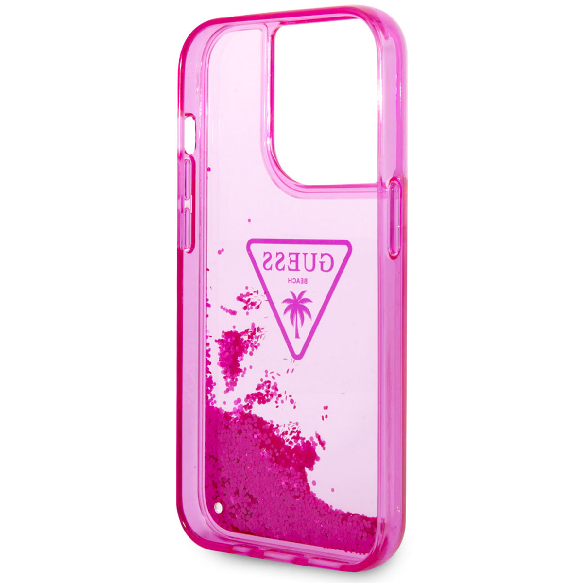 Custodia per telefono rosa con logo Guess e glitter. La custodia è trasparente. Il logo presenta un triangolo, una palma e la parola BEACH.