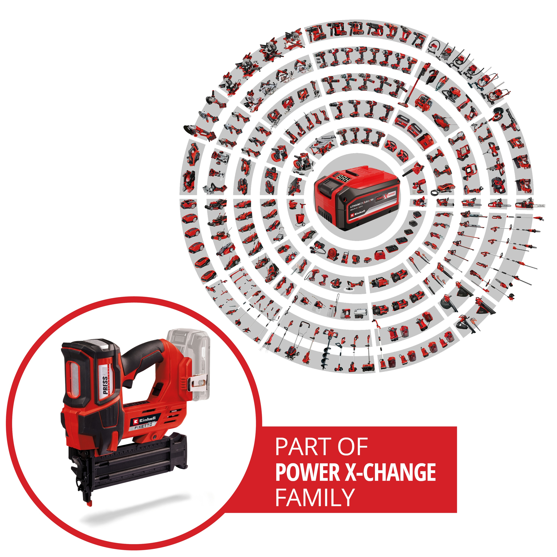 Czerwono-czarny gwoździarka z rodziny Power X-Change, z okrągłym wyświetlaczem różnych elektronarzędzi w tle.