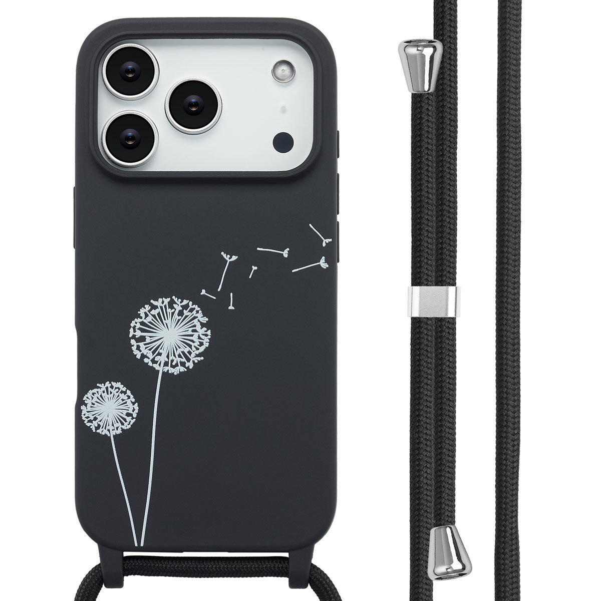 Zwarte telefoonhoes met paardebloemdesign, zilveren hardware en zwarte touwriem. Witte achtergrond.