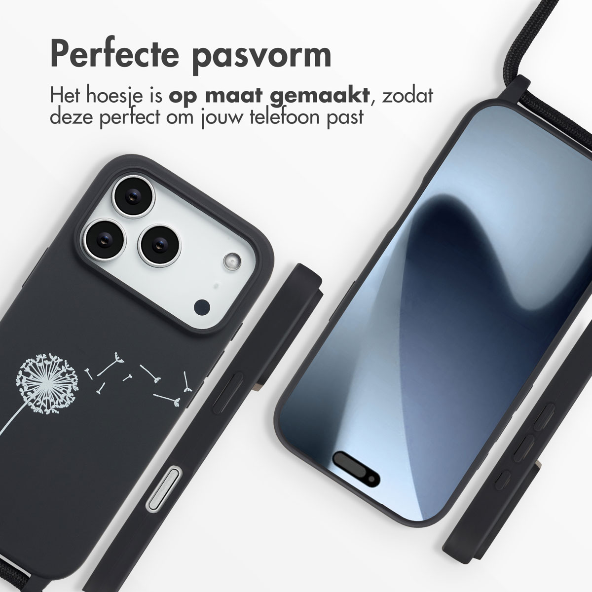 Afbeelding toont twee telefoonhoesjes met een telefoon erin. Eén hoesje is zwart met een paardenbloemontwerp, de andere is blauw.