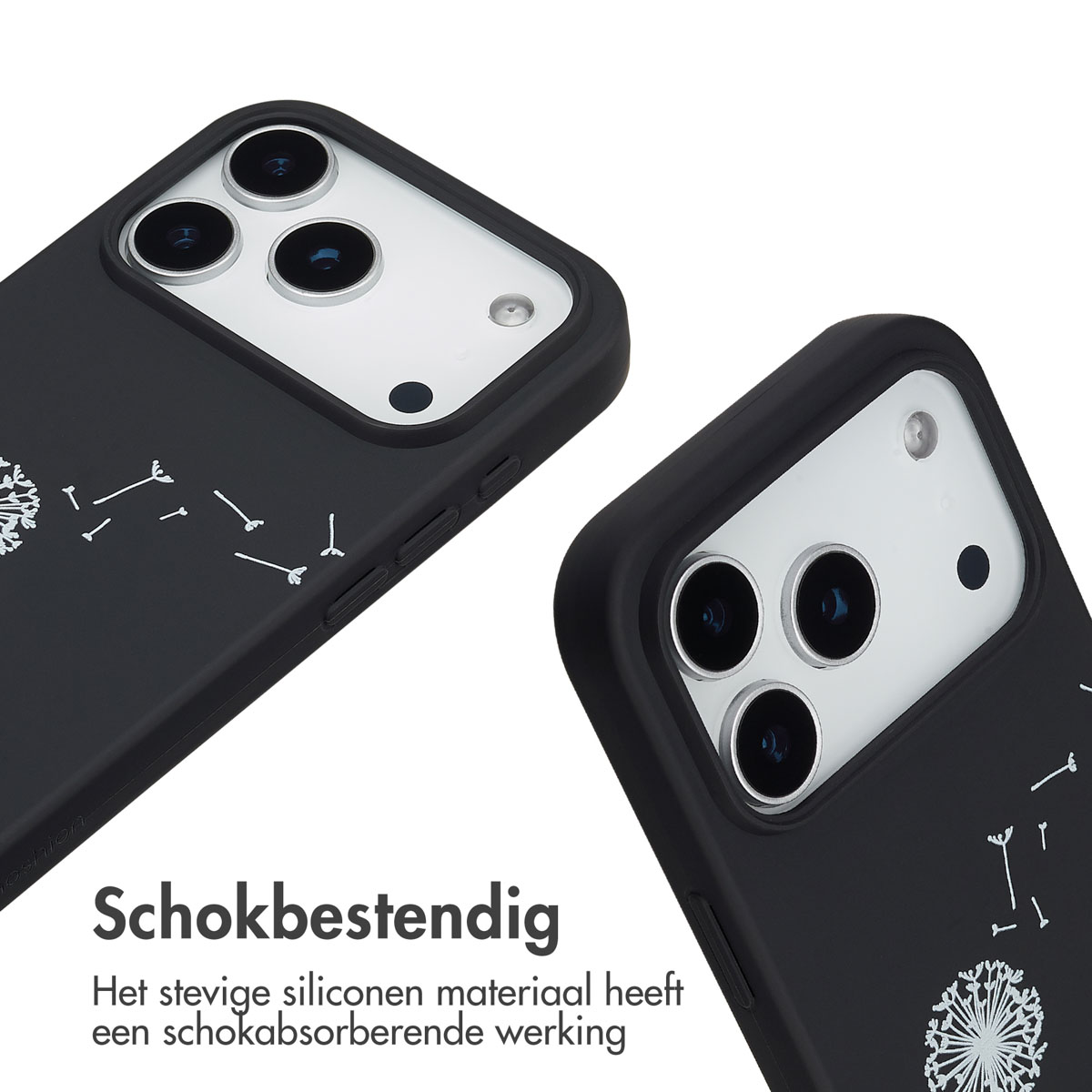 Twee zwarte telefoonhoesjes met een paardenbloem ontwerp. De Nederlandse tekst luidt 'Schokbestendig'.
