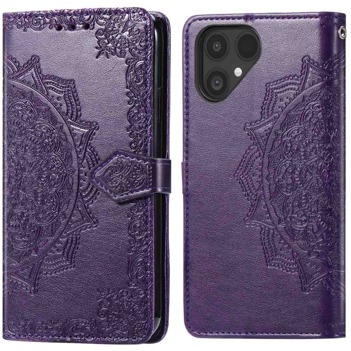 Een paarse telefoonhoes met ingewikkeld mandala-ontwerp. Beschikt over een sluiting en camera-uitsparing. Twee delen.