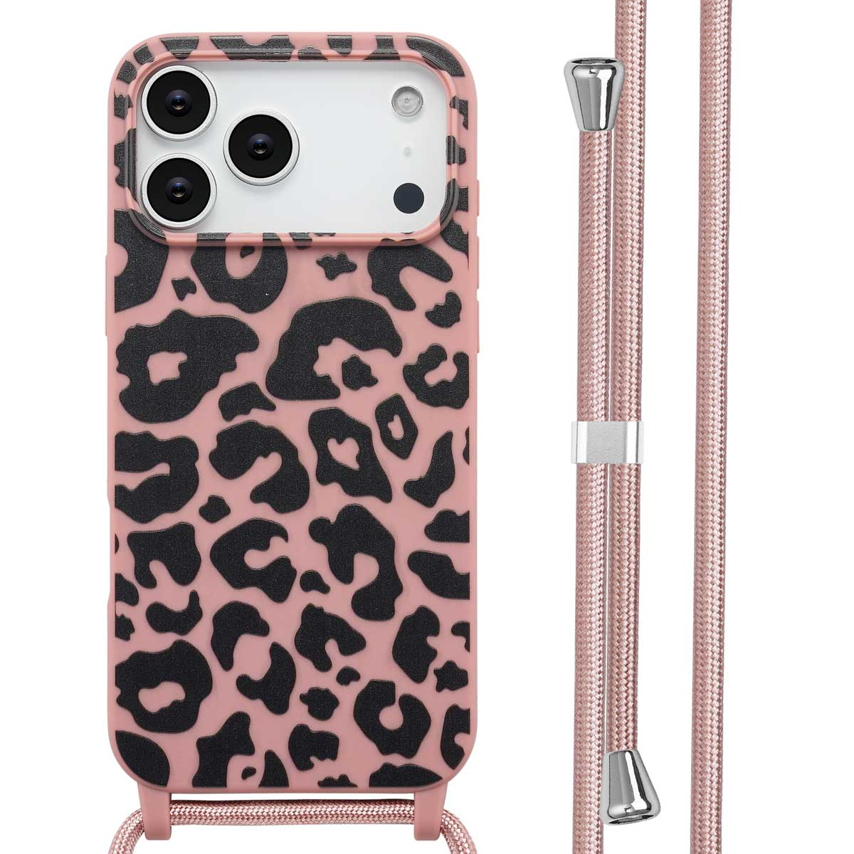 Coque de téléphone rose avec imprimé léopard noir, tenant un téléphone. Un cordon rose est attaché à la coque.