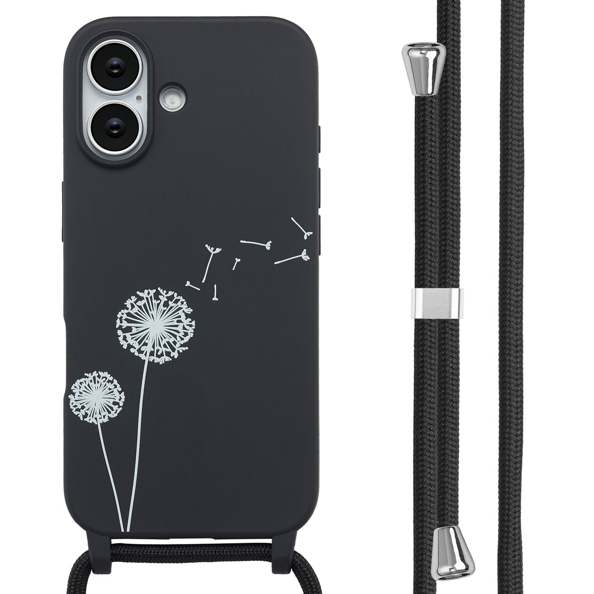 Coque de téléphone noire avec motif de pissenlit. Le téléphone a un cordon noir. Le fond est blanc.