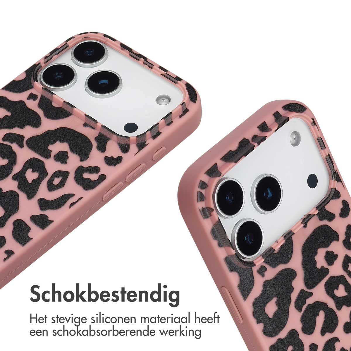 Deux coques de téléphone roses avec imprimé léopard noir. Les coques montrent les lentilles de l'appareil photo. Texte : Schokbestendig, absorption des chocs.