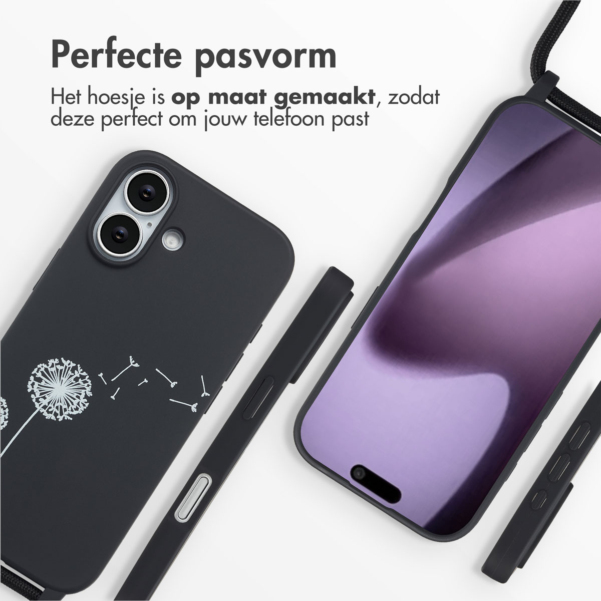 Deux coques de téléphone noires, une avec un motif de pissenlit. Un téléphone a un écran violet et un cordon. Le texte dit ajustement parfait.