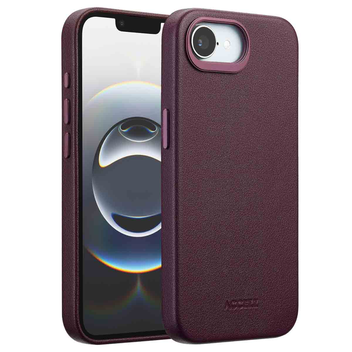 Een bordeauxrode telefoonhoes met een iPhone erin. De hoes is leerachtig, met een uitsparing voor de camera en knoppen. Het telefoonscherm is zichtbaar.