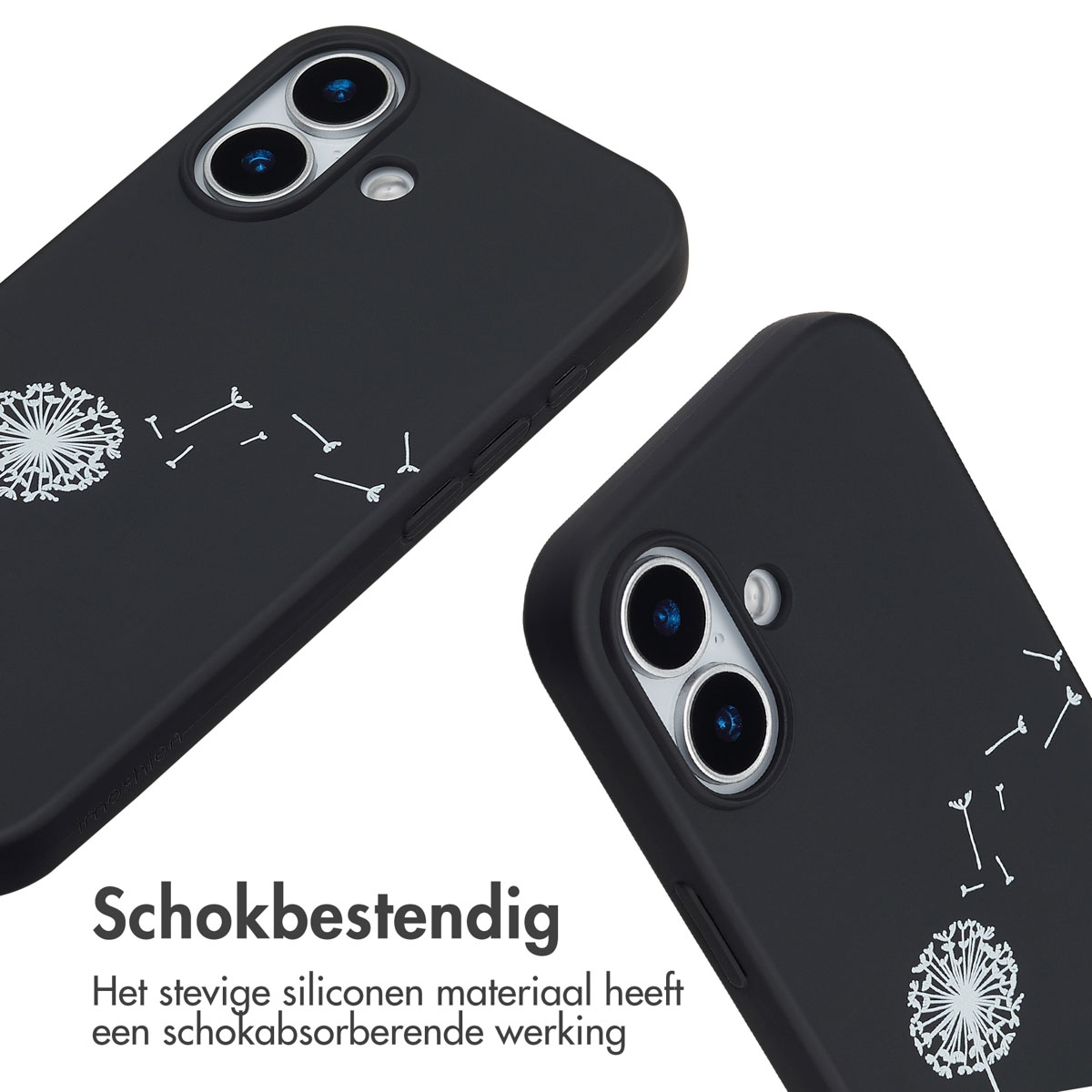 Deux coques de téléphone noires avec des motifs de pissenlit blancs. Le texte dit 'Schokbestendig'.