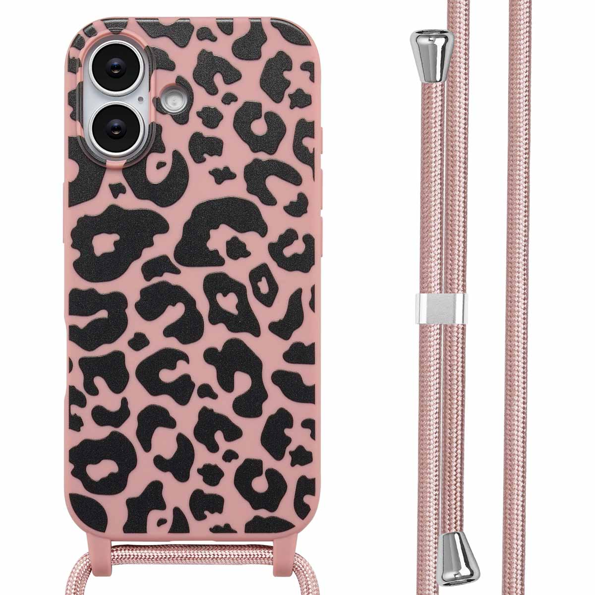 Coque de téléphone rose avec imprimé léopard noir et cordon rose. L'étui a un appareil photo et le cordon a des détails en métal argenté.