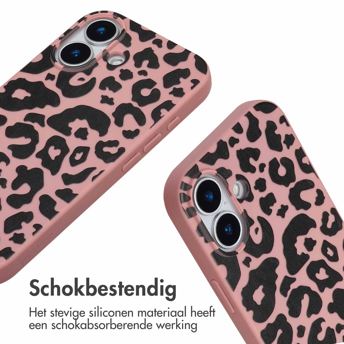 Deux coques de téléphone avec imprimé léopard rose. Chaque coque a des taches noires et des découpes pour l'appareil photo. Texte en bas indique résistance aux chocs.