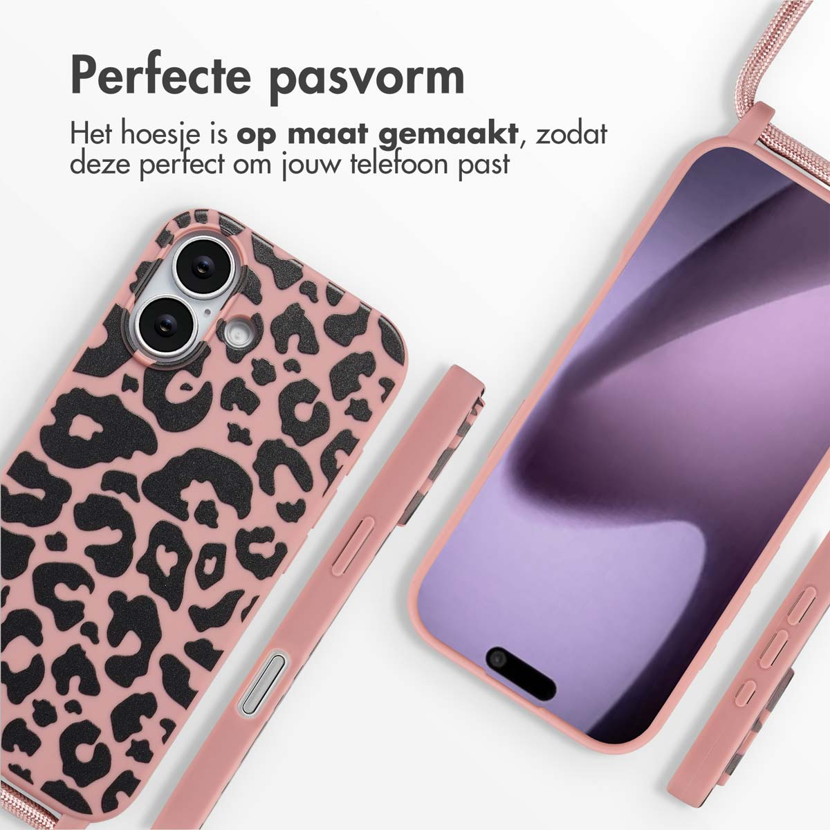 Des coques de téléphone roses et un téléphone sont présentés. Une coque a des taches de léopard, l'autre est rose uni. Une sangle rose est visible.
